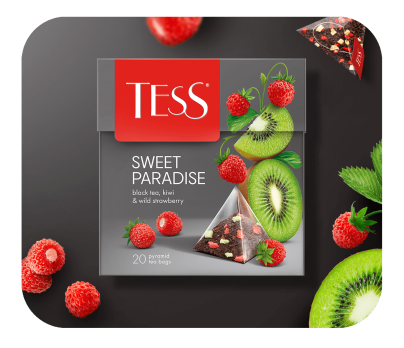 Strawberry and kiwi flavored black tea with herbal ingredients TESS Sweet Paradise piramids 20pcs. photo