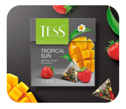 Mango and strawberry flavored green tea with herbal ingredients TESS Tropical Sun piramids 20pcs. photo